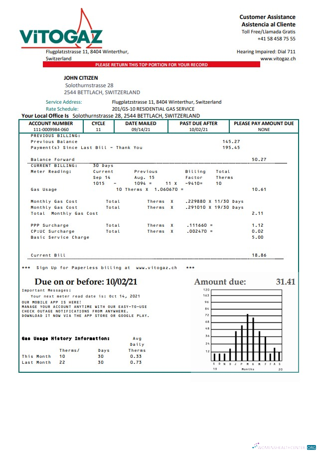 Switzerland Vitogaz Switzerland AG utility bill template, fully editable in Word and PDF format